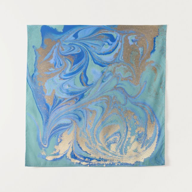 Blue Gold Liquid Watercolor Texture Tapestry (Front)