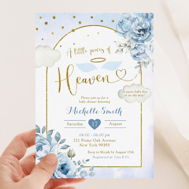 Blue Gold Little Piece of Heaven Baby Shower Invitation (Creator Uploaded)