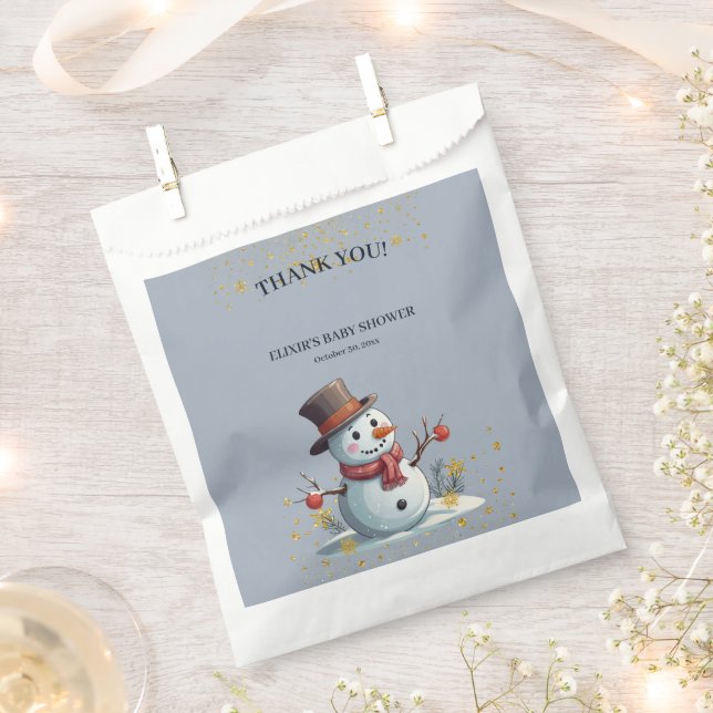 Blue & Gold Little Snowflakes Snowman Baby Shower Favour Bags (Clipped)