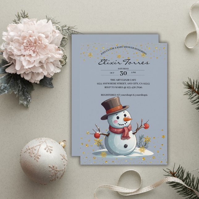 Blue & Gold Little Snowflakes Snowman Baby Shower Invitation (Creator Uploaded)