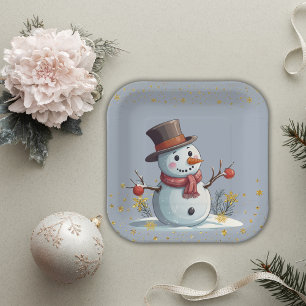 Blue & Gold Little Snowflakes Snowman Baby Shower Paper Plate