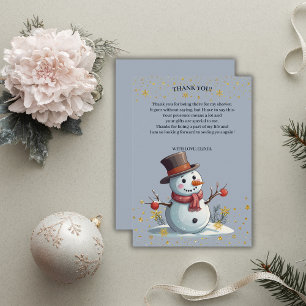 Blue & Gold Little Snowflakes Snowman Baby Shower Thank You Card