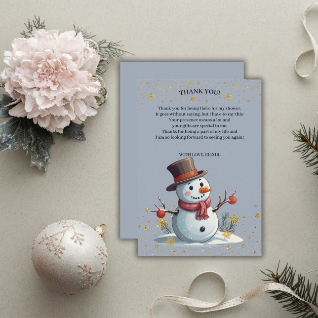 Blue & Gold Little Snowflakes Snowman Baby Shower Thank You Card (Creator Uploaded)