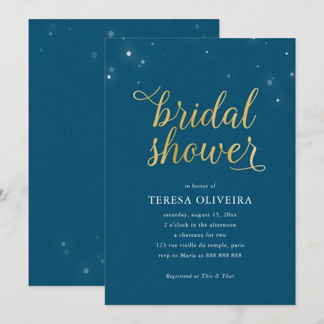 Blue Gold Look Bridal Shower Lights Simple Elegant Invitation (Front/Back)
