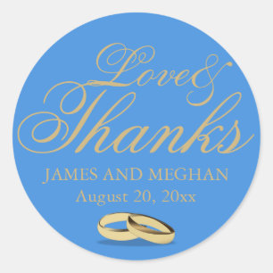 Blue & Gold, Love & Thanks, Personalised Wedding Classic Round Sticker