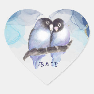  Blue Gold Lovebirds, Bird Heart Monogram  Heart Sticker