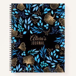 Blue Gold Luxury Floral Watercolor Notebook