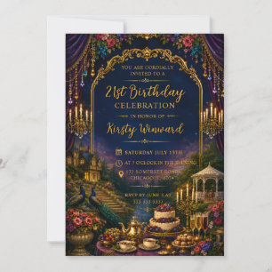 Blue Gold Luxury Garden Elegant 21st Birthday Invitation