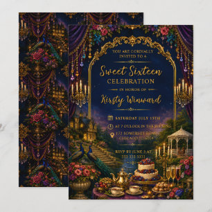 Blue Gold Luxury Garden Elegant Sweet 16 Invitation