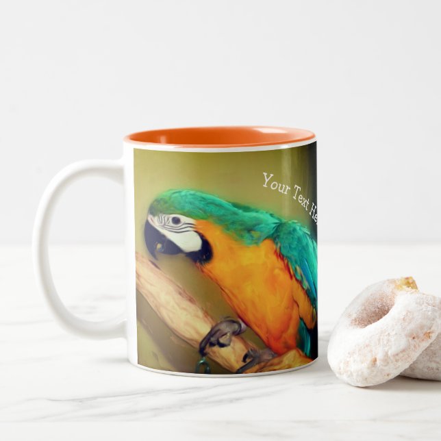 Blue Gold Macaw Parrot Animal Art Personalised Two-Tone Coffee Mug (With Donut)