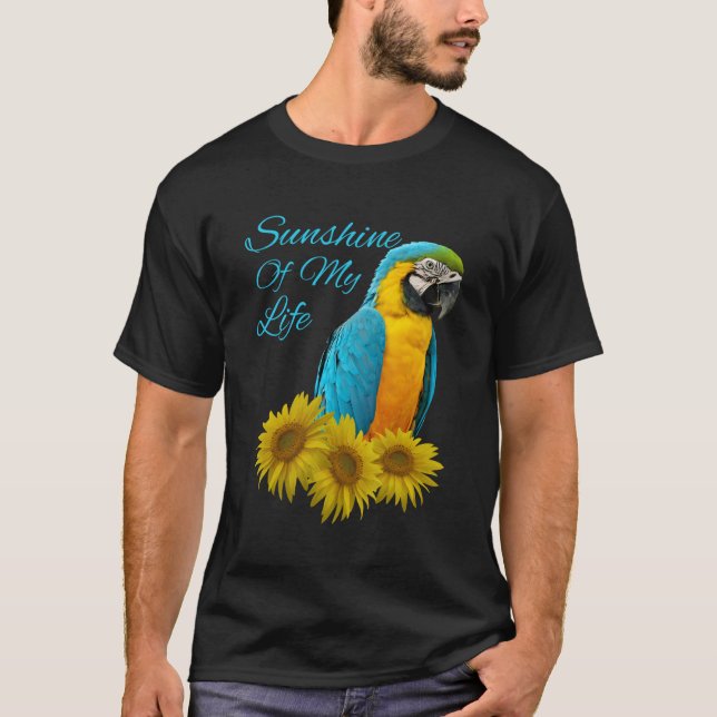 Blue Gold Macaw Parrot Sunshine Sunflower T-Shirt (Front)