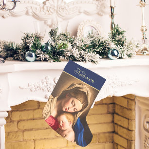 Blue& Gold Madonna and Child Religious Catholic Small Christmas Stocking