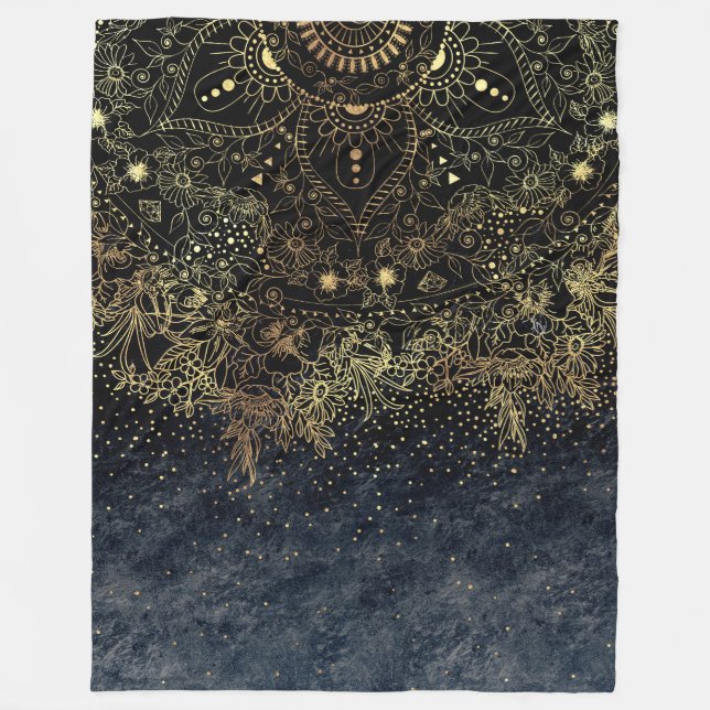 Blue Gold Mandala Floral Fleece Blanket (Front)