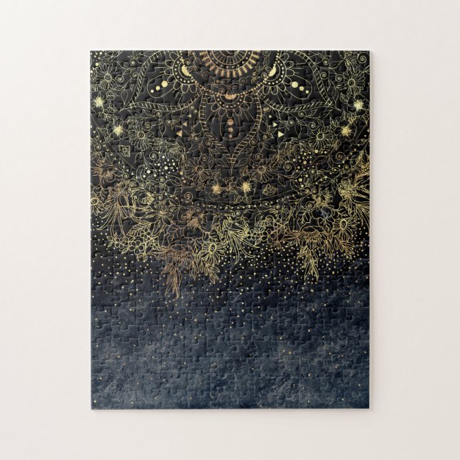 Blue Gold Mandala Floral Jigsaw Puzzle (Vertical)