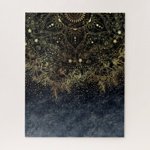 Blue Gold Mandala Floral Jigsaw Puzzle