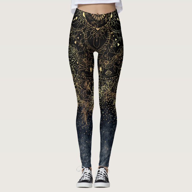 Blue Gold Mandala Floral Leggings (Front)