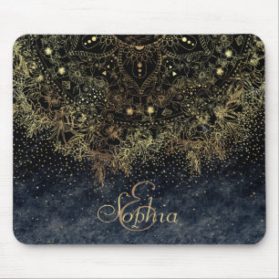 Blue Gold Mandala Floral Mouse Mat