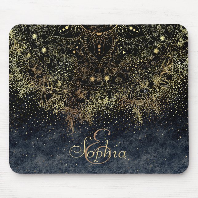 Blue Gold Mandala Floral Mouse Mat (Front)