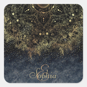 Blue Gold Mandala Floral Square Sticker