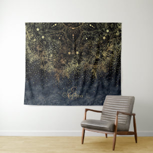 Blue Gold Mandala Floral Tapestry