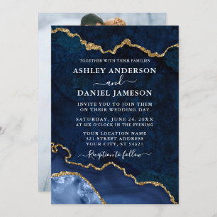 Blue Gold Marble Agate Geode Photo Wedding Invitation