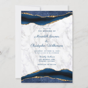 Blue Gold Marble Agate Wedding Invitation