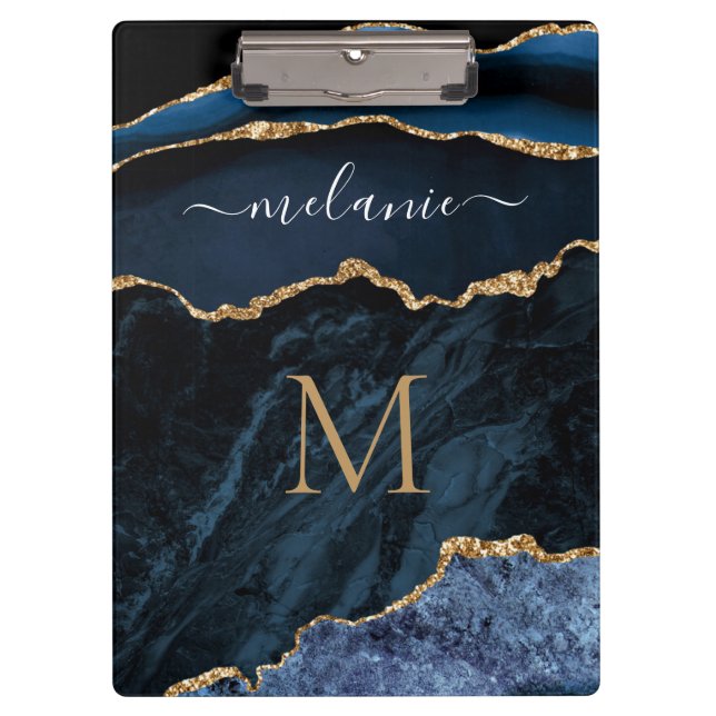 Blue Gold Marble Clipboard Custom Name and Letter (Front)