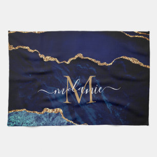 Blue Gold Marble Custom Letter Name Kitchen Towel