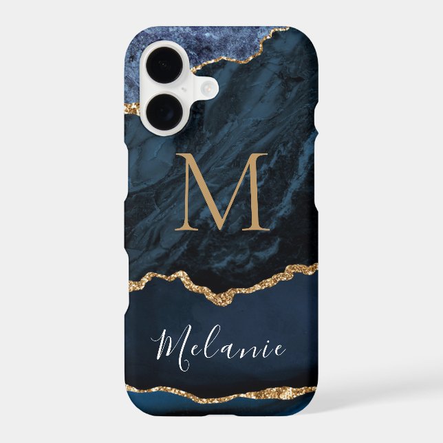 Blue Gold Marble Custom Name Letter iPhone Case (Back)