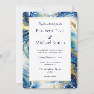 Blue Gold Marble Elegant Luxury Fluid Art Editable Invitation