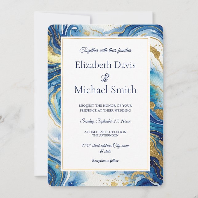 Blue Gold Marble Elegant Luxury Fluid Art Editable Invitation (Front)