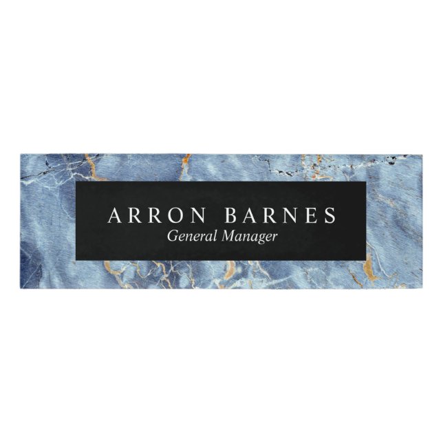 Blue Gold Marble Employee Staff Magnetic Name Tag (Front)