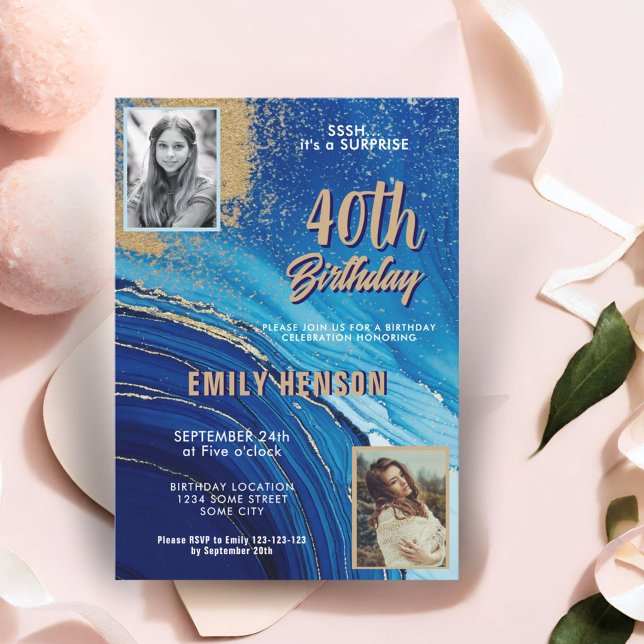 Blue Gold Marble Glitter 2 Photo 40th Birthday Invitation (Creator Uploaded)