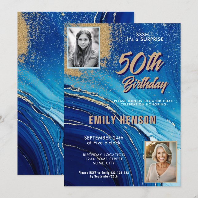 Blue Gold Marble Glitter 2 Photo 50th Birthday Invitation (Front/Back)