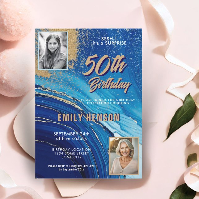 Blue Gold Marble Glitter 2 Photo 50th Birthday Invitation (Creator Uploaded)