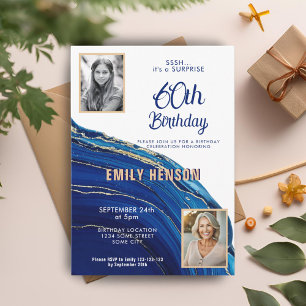 Blue Gold Marble Glitter 2 Photo 60th Birthday Invitation
