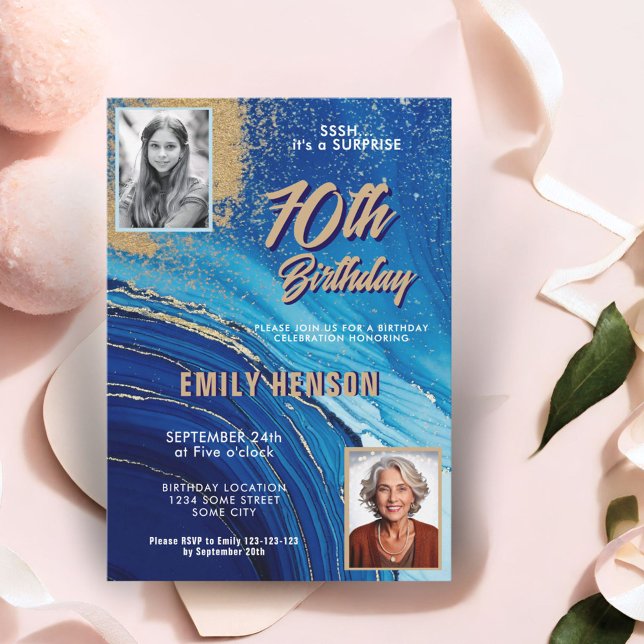 Blue Gold Marble Glitter 2 Photo 70th Birthday Invitation (Creator Uploaded)