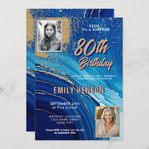 Blue Gold Marble Glitter 2 Photo 80th Birthday Invitation