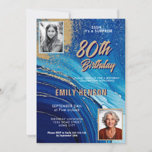 Blue Gold Marble Glitter 2 Photo 80th Birthday Invitation