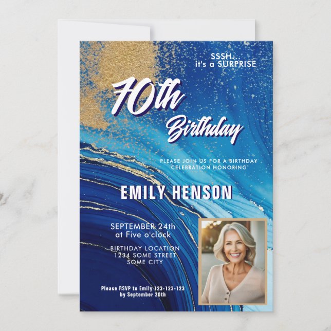 Blue Gold Marble Glitter Photo 70th Birthday Invitation (Front)