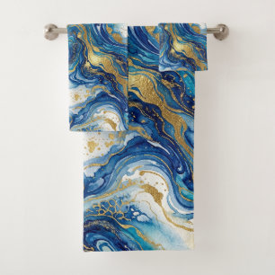 Blue Gold Marble Luxury Decor Fluid Art Pattern Bath Towel Set