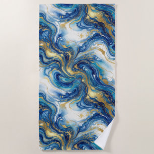 Blue Gold Marble Luxury Decor Fluid Art Pattern Beach Towel