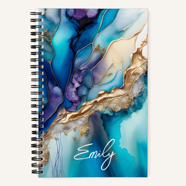 Blue Gold Marble Personalised Script Name Notebook (Front)