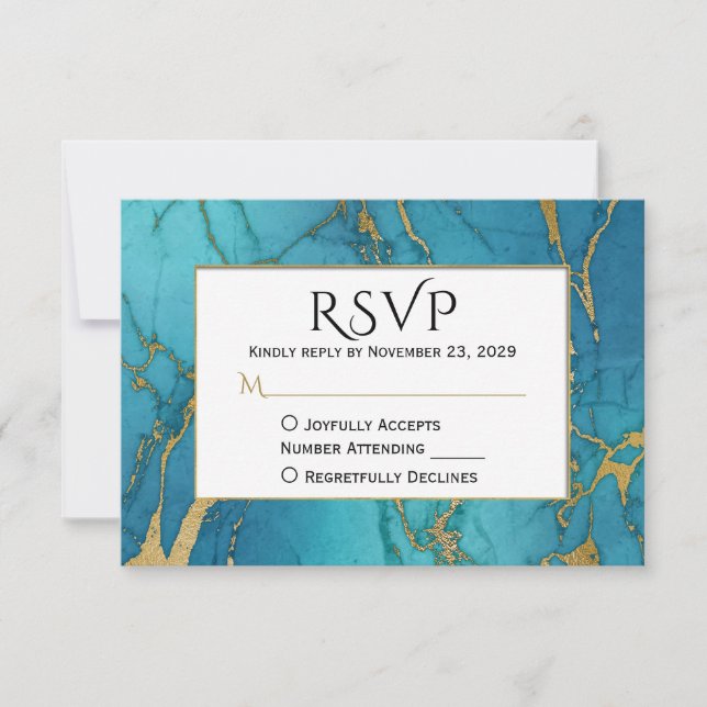 Blue Gold Marble RSVP Wedding Response (Front)