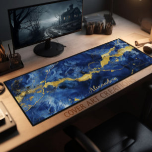 Blue & Gold Marble Texture Personalised Workspace Desk Mat