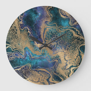 Blue-gold marbling: abstract background. large clock