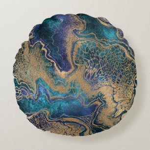 Blue-gold marbling: abstract background. round cushion