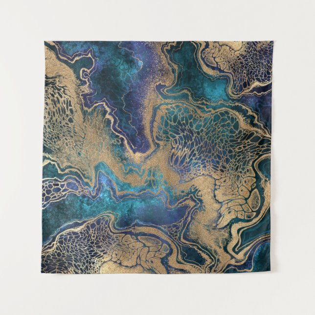 Blue-gold marbling: abstract background. tapestry (Front)