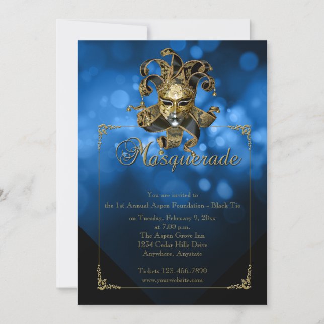 Blue Gold Masquerade Mardi Gras Ball Invitation (Front)