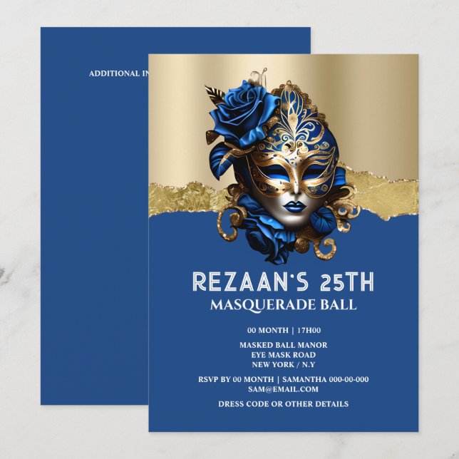Blue gold masquerade rose elegant girly glam invitation (Front/Back)
